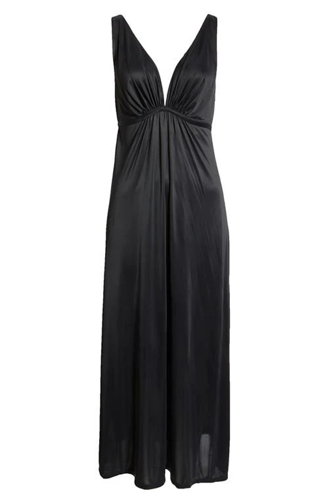 Natori Enchant Deep V-Neck Satin Nightgown Black W/Ivory Lace at Nordstrom,