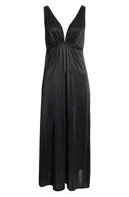 Natori Enchant Deep V-Neck Satin Nightgown Black W/Ivory Lace at Nordstrom,