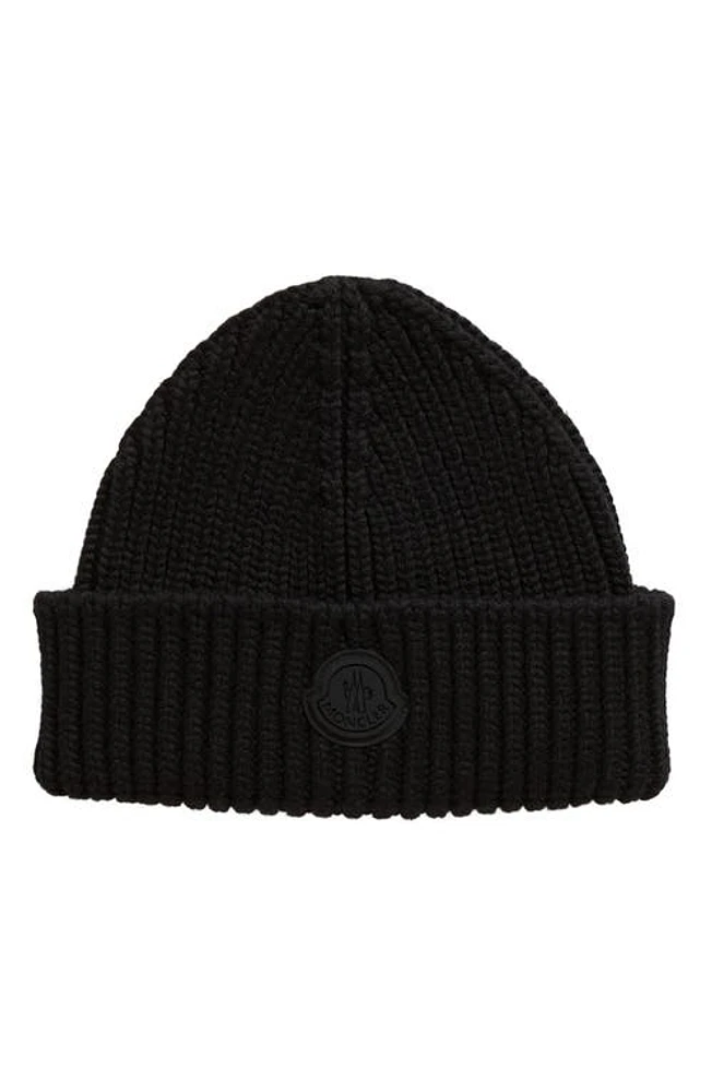 Moncler Logo Patch Virgin Wool Beanie in Black at Nordstrom