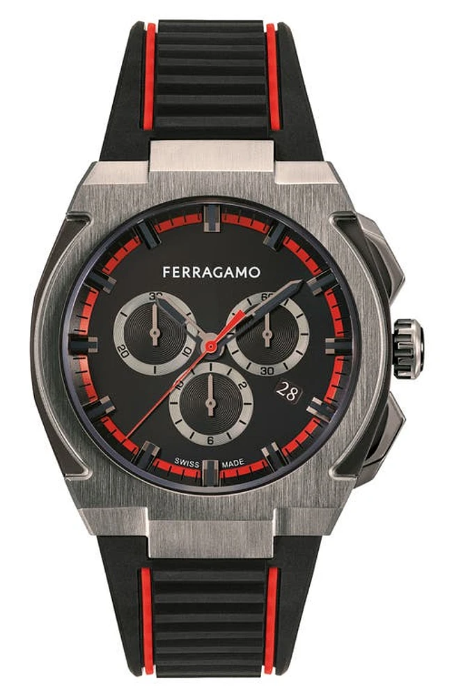 FERRAGAMO Supreme Chronograph Recycled Polyurethane Strap Watch, 43mm in Ip Gunmetal at Nordstrom