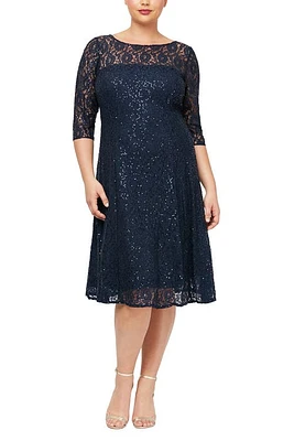 SLNY Lace Yoke Glitter Dress Navy at Nordstrom,