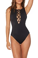 Andie Oahu Long Torso Lace-Up One-Piece Swimsuit in Black at Nordstrom, Size X-Small