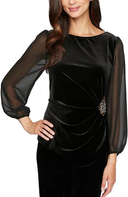 Alex Evenings Ruched Sheer Sleeve Velvet Top in Black at Nordstrom, Size Small