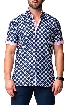 Maceoo Galileo Dogdot Blue Stretch Short Sleeve Button-Up Shirt at Nordstrom,