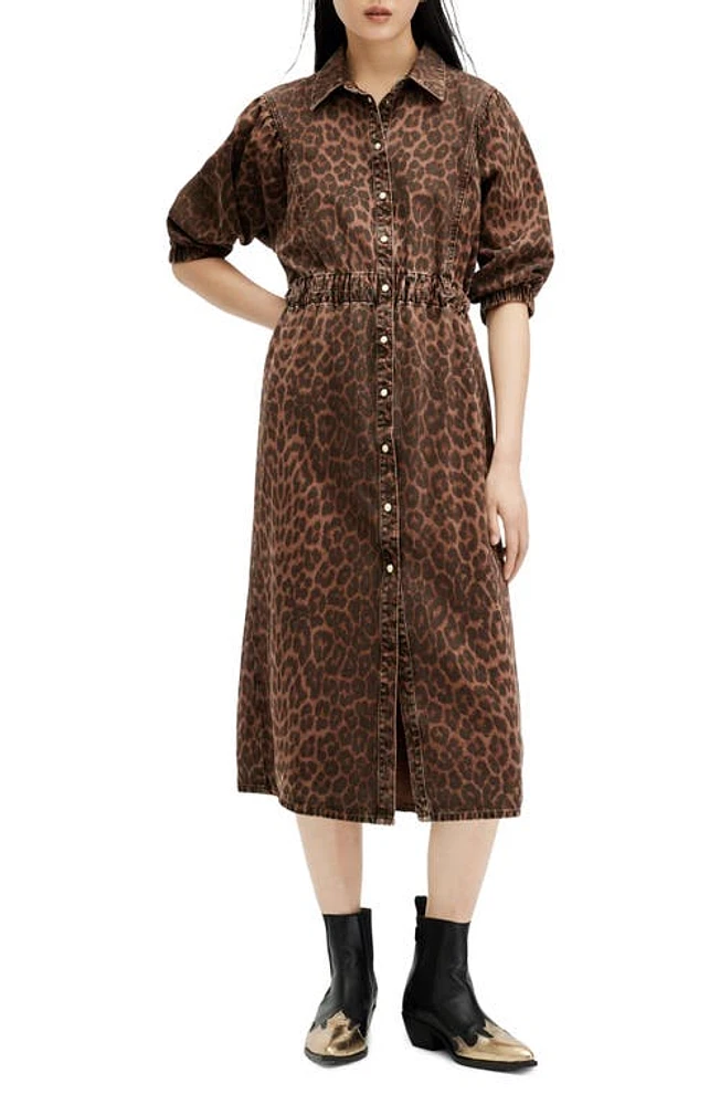 AllSaints Osa Animal Puff Sleeve Denim Shirtdress Brown at Nordstrom, Us