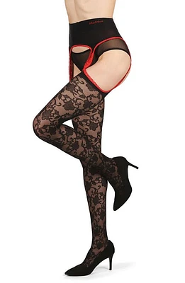 MeMoi Secret Garden Suspender Tights Black-Red at Nordstrom,