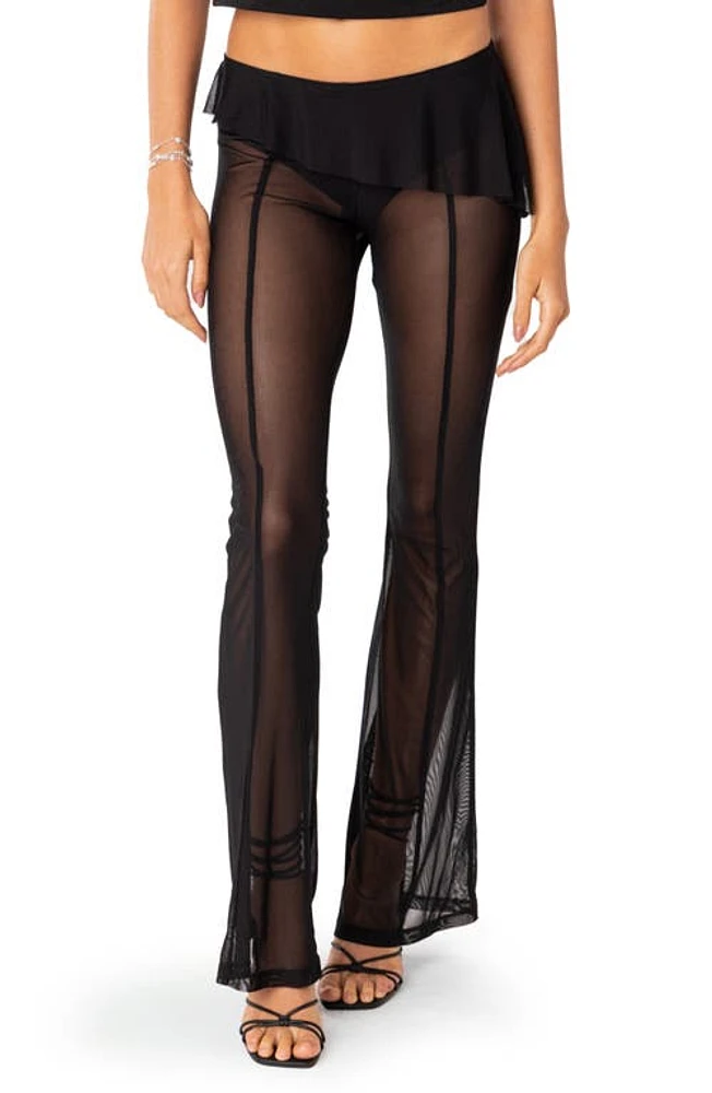 EDIKTED Carsen Ruffle Sheer Mesh Pants Black at Nordstrom,