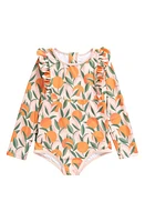 TINY TRIBE Kids' Orange Grove Frill Long Sleeve One-Piece Swimsuit at Nordstrom,