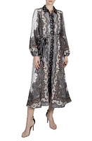 Julia Jordan Tie Belt Long Sleeve Midi Shirtdress Black Multi at Nordstrom,