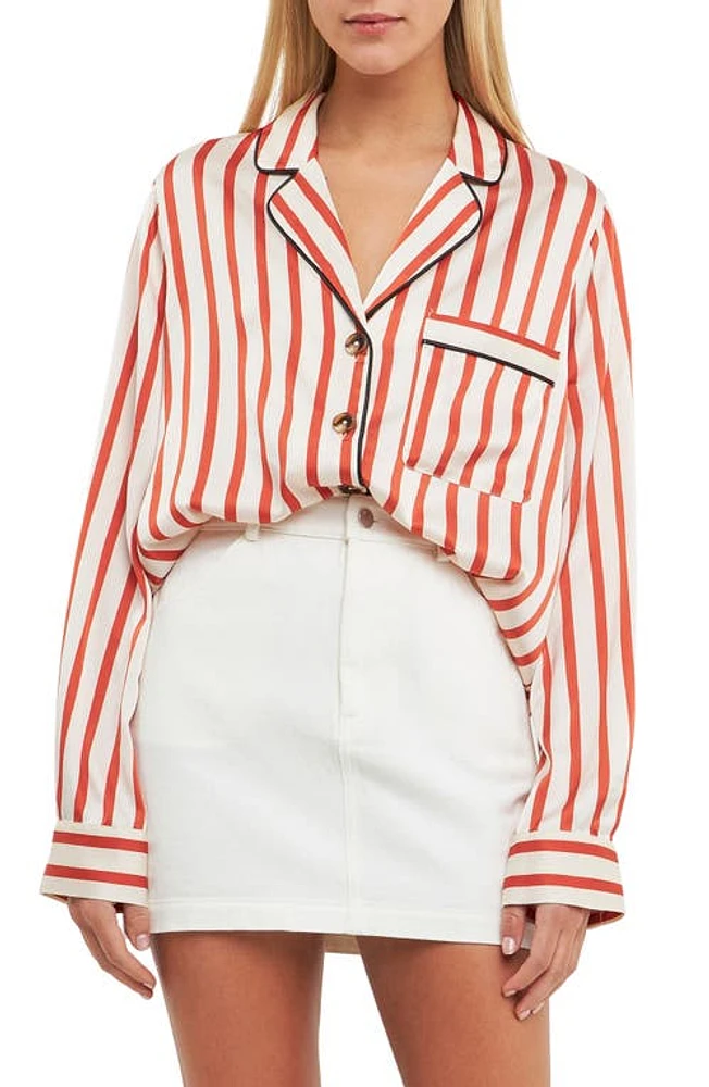 English Factory Striped Satin Button-Up Shirt in Cream/Burnt Orange at Nordstrom, Size Small