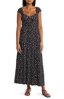 Loveappella Tie Front Cap Sleeve Midi A-Line Dress Black/Ivory at Nordstrom,