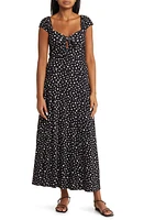 Loveappella Tie Front Cap Sleeve Midi A-Line Dress Black/Ivory at Nordstrom,