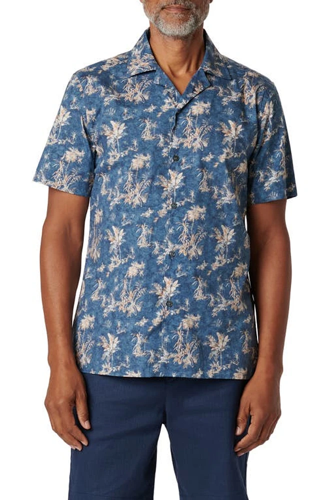 Bugatchi Orson Tropical Print Stretch Cotton Camp Shirt Cobalt at Nordstrom,