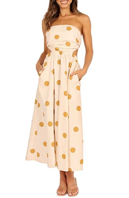 Petal & Pup Angelique Polka Dot Strapless Open Back Maxi Dress in Beige Spot at Nordstrom, Size 2