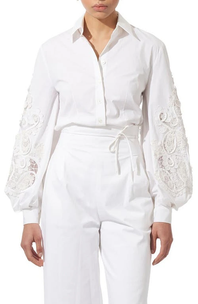 Carolina Herrera Lace Embellished Button-Up Shirt White at Nordstrom,