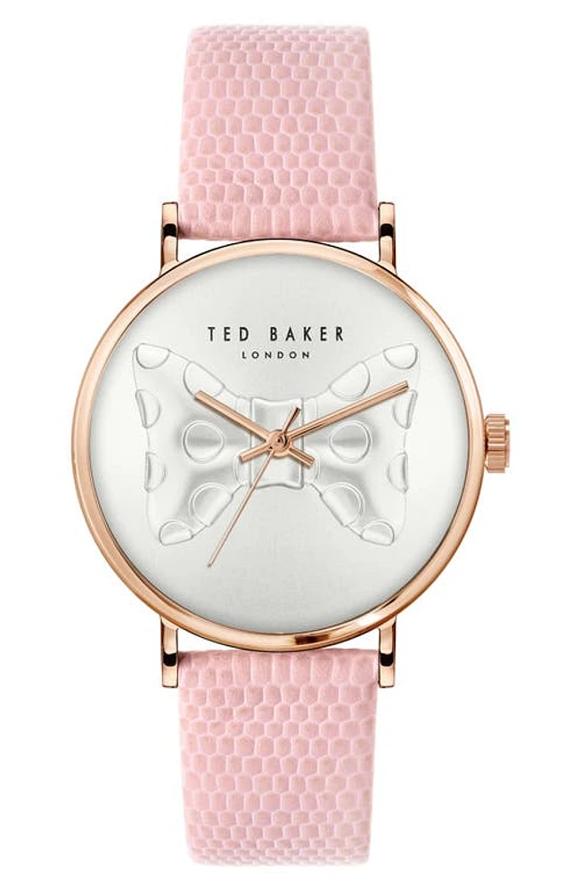 Ted Baker London Phylipa Bow Leather Strap Watch, 37mm in Rose Gold-Tone at Nordstrom