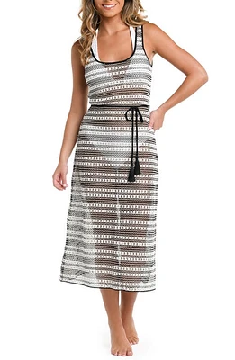 La Blanca Onshore Stripe Tie Belt Sheer Cover-Up Midi Dress Black And White at Nordstrom,