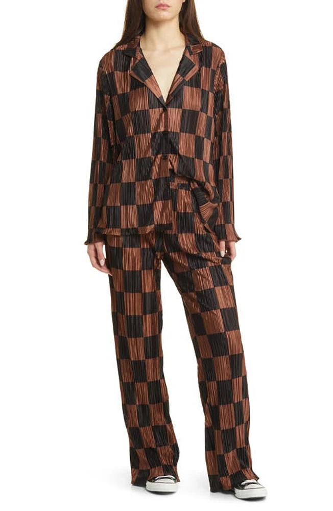 Dressed in Lala Check Long Sleeve Plissé Top & High Waist Pants in Mocha And Black Check at Nordstrom, Size Small