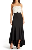 Tadashi Shoji 3-D Floral Strapless High-Low Crepe Gown Ivory/Black at Nordstrom,