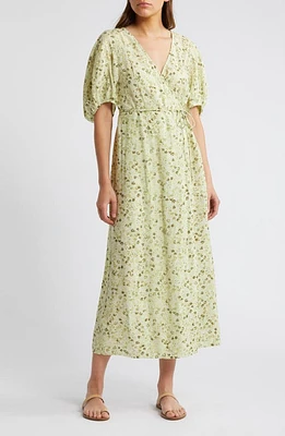 Madewell Floral Puff Sleeve Wrap Front Dress Honeydew at Nordstrom,