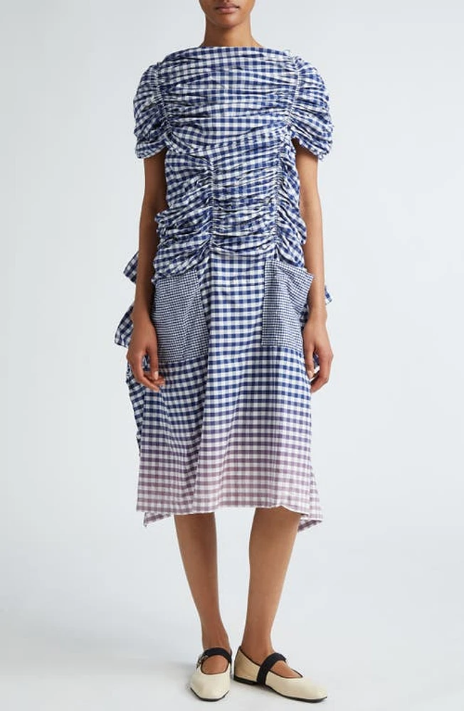 Tao Comme des Garçons Ombré Gingham Ruched Cotton Midi Dress Navy/White at Nordstrom,