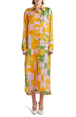 Dries Van Noten Retro Print Long Sleeve Silk Midi Shirtdress Orange at Nordstrom,