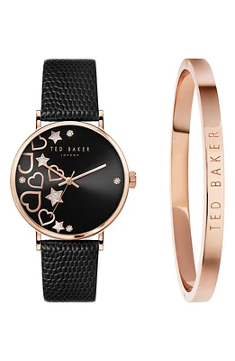 Ted Baker London Phylipa Leather Strap Watch & Bangle Bracelet Set, 34mm in Rose Gold/Black/Black at Nordstrom