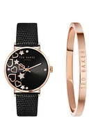 Ted Baker London Phylipa Leather Strap Watch & Bangle Bracelet Set, 34mm in Rose Gold/Black/Black at Nordstrom