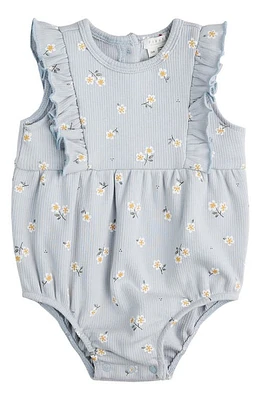 FIRSTS by Petit Lem Daisy Print Rib Organic Cotton Bubble Romper Blue Light at Nordstrom,