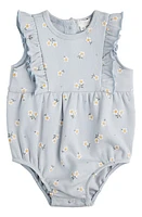 FIRSTS by Petit Lem Daisy Print Rib Organic Cotton Bubble Romper Blue Light at Nordstrom,