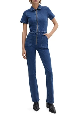 MANGO Straight Leg Zip-Up Denim Jumpsuit Dark Blue at Nordstrom,