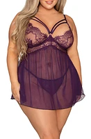 Dreamgirl Eyelash Lace Underwire Babydoll Chemise & Thong Set Plum at Nordstrom