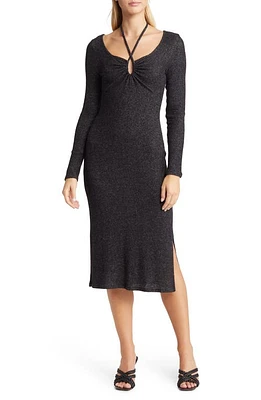 Loveappella Tie Keyhole Long Sleeve Midi Dress Black at Nordstrom,