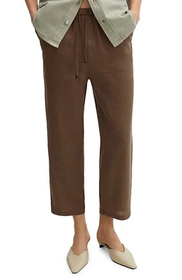 MANGO Drawstring Linen Ankle Pants in Medium Brown at Nordstrom