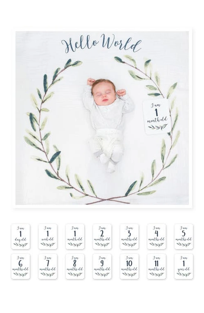 Lulujo Baby's First Year Hello World Muslin Blanket & Milestone Card Set in Green at Nordstrom