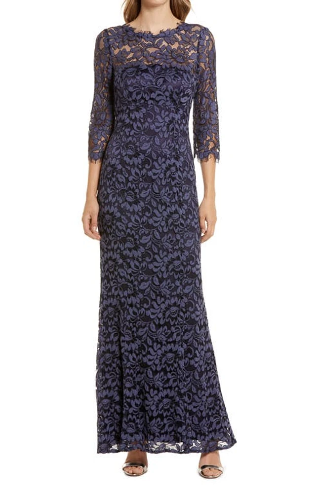 Eliza J Lace Bateau Neck Mermaid Gown in Navy at Nordstrom, Size 8