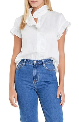 English Factory Ruffle Trim Linen Button-Up Shirt in Off White at Nordstrom, Size X-Small