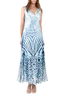 Komarov Lace-Up Back Charmeuse Maxi Dress Aqua Ikat Zebra at Nordstrom,