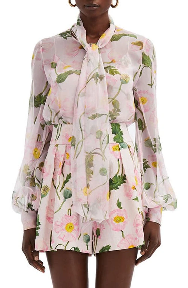 Oscar de la Renta Poppy Print Sheer Tie Neck Silk Chiffon Top Pink/Soft Pink at Nordstrom,