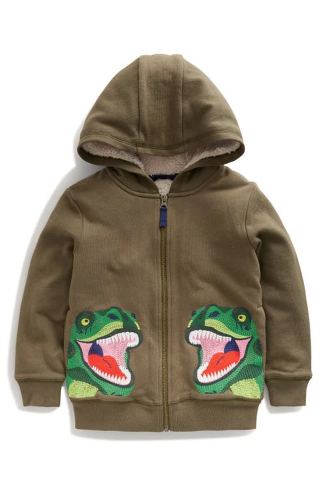 Mini Boden Kids' Embroidered T-Rex Fleece Lined Zip Hoodie Classic Khaki Dinosaur at Nordstrom,