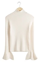 & Other Stories Flare Cuff Wool Blend Rib Turtleneck Sweater White Dusty Light at Nordstrom,