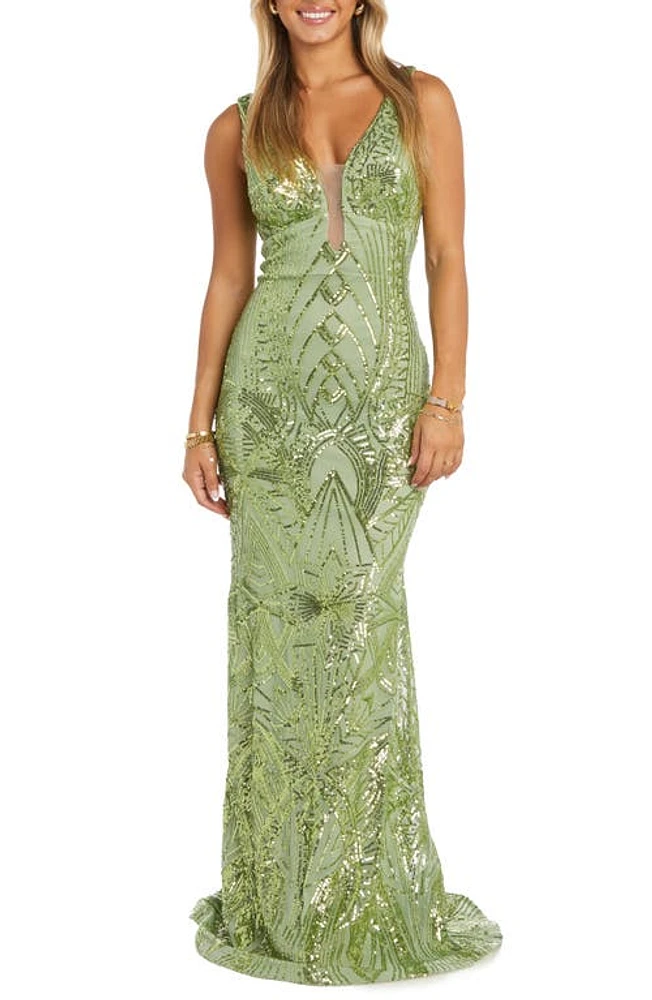 Morgan & Co. Sequin Embellished Column Gown Lime at Nordstrom,