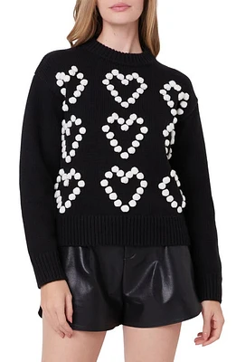 English Factory Pompom Heart Mock Neck Sweater Black/Ivory at Nordstrom,