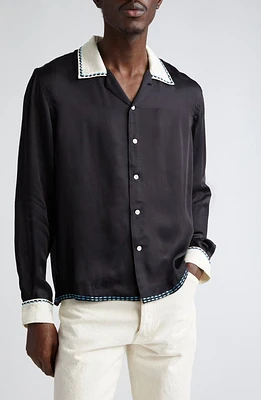 Bode Sellier Embroidered Satin Button-Up Shirt Black Cream at Nordstrom,