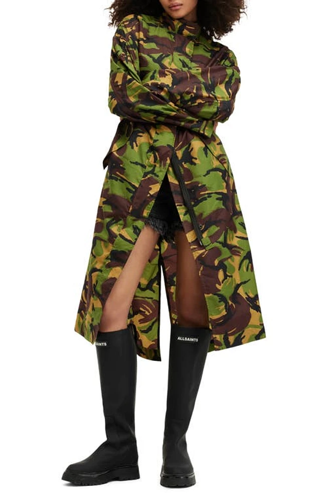 AllSaints Daneya Camo Print Nylon Parka Khaki Green at Nordstrom,