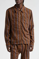 Wales Bonner Chorus Stripe Virgin Wool Zip Front Shirt Brown And Blue at Nordstrom, Us