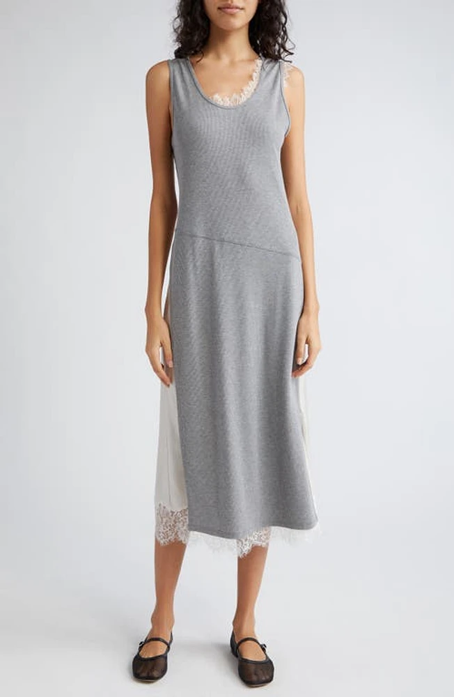 3.1 Phillip Lim Lace Trim Satin & Rib Midi Tank Dress Grey Melange Ivory at Nordstrom,