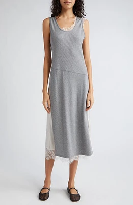 3.1 Phillip Lim Lace Trim Satin & Rib Midi Tank Dress Grey Melange Ivory at Nordstrom,