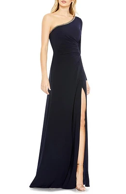 Mac Duggal Asymmetric Single Long Sleeve Gown Midnight at Nordstrom,