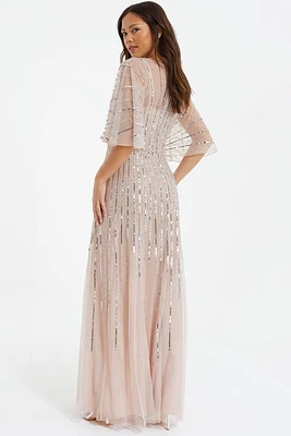 QUIZ Embellished Sequin Evening Dress Neutral at Nordstrom,